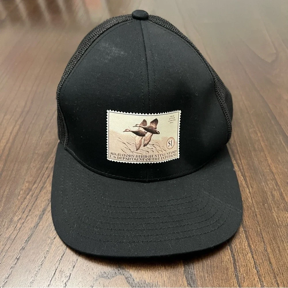 Black Trucker Hat with Bird Stamp Patch